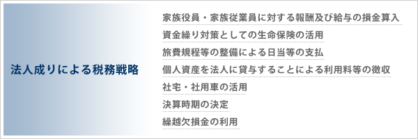 法人成りによる税務戦略</p>
<p>家族役員・家族従業員に対する報酬及び給与の損金算入<br /> 資金繰り対策としての生命保険の活用<br /> 旅費規程等の整備による日当等の支払<br /> 個人資産を法人に貸与することによる利用料等の徴収<br /> 社宅・社用車の活用<br /> 決算時期の決定<br /> 繰越欠損金の利用” width=”600″ height=”200″ /></p>
<p> </p>
<p><img class=